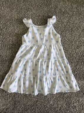 Girls White Tiered Pima Cotton Dress with Blue Heart Print